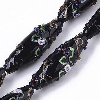 Handmade Gold Sand Lampwork Beads Strands, Bumpy, Rice with Flower Pattern, Black, 45~47.5x14.5~15.5mm, Hole: 1.5mm, about 10pcs/Strand, 17.72 inch