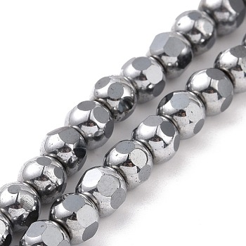 Electroplated Non-magnetic Synthetic Hematite Beads Strands, Faceted, Round, Platinum Plated, 6~6.5x5~5.5mm, Hole: 1.4mm, about 73pcs/strand, 15.59~15.75 inch(39.6~40cm)