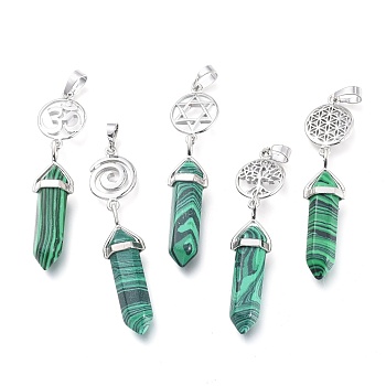 Synthetic Malachite Pointed Big Pendants, Double Terminated Pointed, with Platinum Plated Brass Findings, Faceted, Bullet, 59~67x14~15mm, Hole: 7x5mm, Gemstone: 41~44x8mm