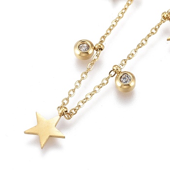 304 Stainless Steel Pendant Necklaces, with Clear Cubic Zirconia, Cable Chains and Round Beads, Star, Golden, 16.34 inch(41.5cm)