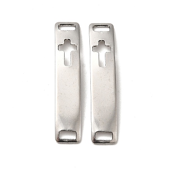 201 Stainless Steel Connector Charms, Curved Rectangle Links with Hollow Pattern, Stainless Steel Color, Cross, 30x6x0.8mm, Hole: 4x2mm