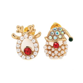 Christmas Alloy Colorful Rhinestone & Plastic Asymmetrical Stud Earrings for Women, with Brass Pins, Golden, Deer & Hat, 13~14.5x12mm