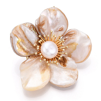 Natural Shell & Pearl Flower Brooches for Women, with Brass Branch, Real 14K Gold Plated, 43.5~47.5x43.5~50x17~20mm