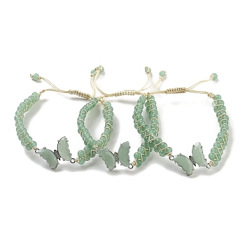 Natural Green Aventurine Braided Round Bead Bracelets, Adjustable Brass Gems Butterfly Bracelets for Women, Inner Diameter: 2-1/8~3-1/4 inch(5.5~8.1cm)