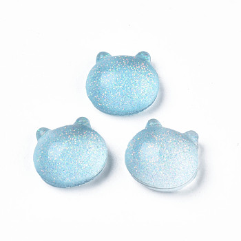 Translucent Acrylic Cabochons, with Glitter Powder, Cat, Sky Blue, 14.5x15.5x8mm