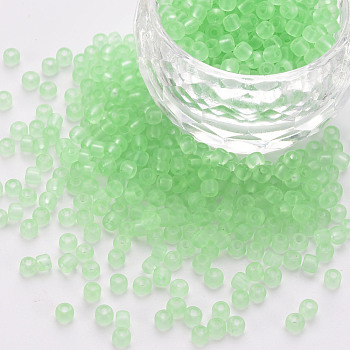 8/0 Transparent Glass Seed Beads, Round Hole, Frosted Colours, Round, Light Green, 3~4x2~3mm, Hole: 0.8mm, about 15000pcs/Pound