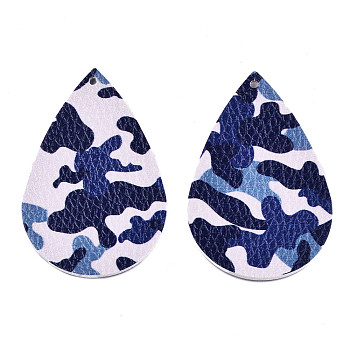 Imitation Leather Big Pendants, Teardrop with Camouflage Pattern, Blue, 56.5x37x2mm, Hole: 2mm