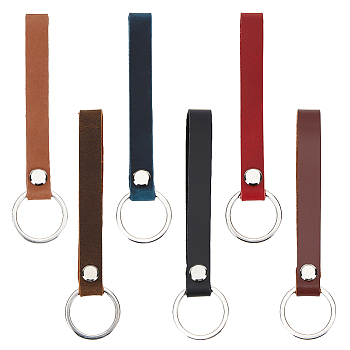 AHADERMAKER 6Pcs 6 Colors Cattlehide Leather Keychains, with Iron Key Rings, Rectangle, Mixed Color, 13cm, 1pc/color