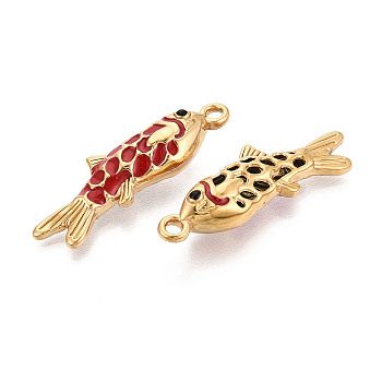304 Stainless Steel Enamel Pendants, Fish Charms, Hollow, Ion Plating(IP), Real 18K Gold Plated, FireBrick, 41.5x13.5x9mm, Hole: 2.5mm