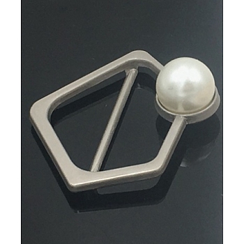 Alloy Buckles, with Natural Pearl, Diamond Shape, White, Platinum, 1-1/8 inch(30mm)