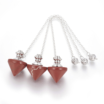 Natural Red Jasper Cone Dowsing Pendulums, with Brass Findings and Alloy Chain, Platinum, 210~216x2.5mm, Hole: 1.4~1.9x1.6~2mm