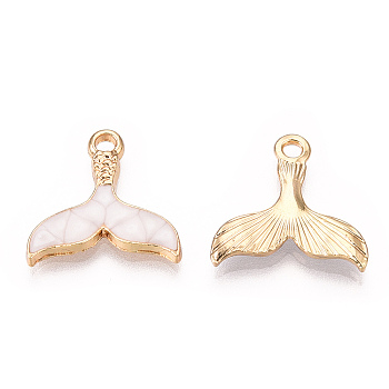 Alloy Pendants, with Enamel, Whale Tail Shape, Light Gold, Floral White, 16x16.5x2~3mm, Hole: 1.8mm