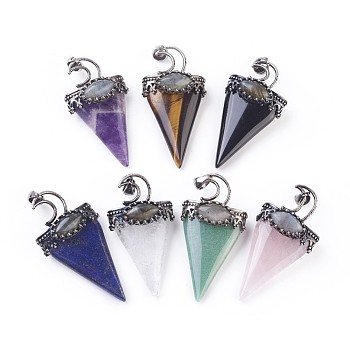 Natural Mixed Stone Big Pendants, with Brass Findings, Triangle, Antique Silver, 53~58x28~29x16~18mm, Hole: 5x7mm