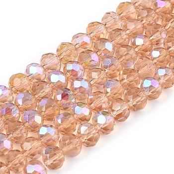 Electroplate Glass Beads Strands, Half Rainbow Plated, Faceted, Rondelle, PeachPuff, 4x3mm, Hole: 0.4mm, about 113~115pcs/strand, 41~41.5cm