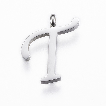 304 Stainless Steel Pendants, Initial Letter, Letter.T, Stainless Steel Color, 16x14x2mm, Hole: 2mm