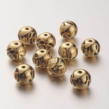 K9 Glass Beads, Covered with Brass, Round with Rose Pattern, Real 22K Gold Plated, Gold, 10.2x9.2mm, Hole: 1.5mm