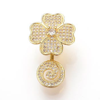 Brass Micro Pave Cubic Zirconia Magnetic Clasps, Flower, Golden, 28~31x17~18x12~13mm, Hole: 1mm