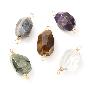 Natural Faceted Mixed Gemstone Links Connectors, with Real 18K Gold Plated Copper Wire, Polygon, 32~33x14~16x14~16mm, Hole: 3~3.5mm