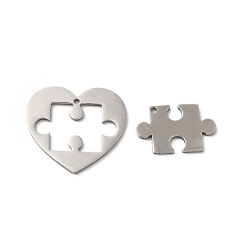 304 Stainless Steel Split Pendants, Heart and Puzzle Charm, Stainless Steel Color, 25x28x1.5mm, Hole: 1.5mm