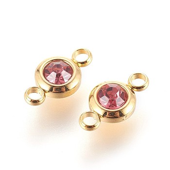 304 Stainless Steel Rhinestone Links connectors, Flat Round, Golden, Rose, 12x6.5x4mm, Hole: 2mm