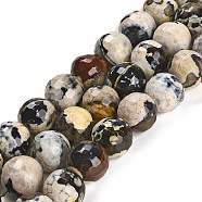 Natural Fire Crackle Agate Beads Strands, Dyed & Heated, Round, Faceted, Saddle Brown, 13.5~14mm, Hole: 1.4mm, about 28~29pcs/strand, 15.16 inch(38.5cm)(G-L595-A02-01B)