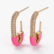 Brass Micro Pave Clear Cubic Zirconia Half Hoop Earrings, Stud Earrings, with Enamel, Long-Lasting Plated, Safety Pin, Deep Pink, 24.5x11x3.5mm, Pin: 0.7mm(EJEW-C502-06G-D)