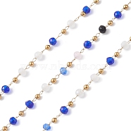 Handmade Glass Beaded Chains, Faceted, Unwelded, with 304 Stainless Steel Chains, Golden, Round, Blue, 2~3x2~2.5mm(CHS-P016-45G-03)