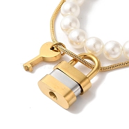 Lock & Key Golden Ion Plating(IP) 304 Stainless Steel Pendant Necklaces, Plastic Imitation Pearl Beaded Double Layer Necklaces for Women, Golden & Stainless Steel Color, 18.78 inch(47.7cm)(NJEW-K274-02GP)