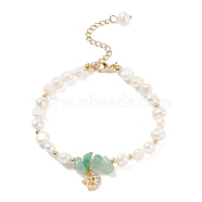 Natural Green Aventurine Chips & Pearl Beaded Bracelet, Clear Cubic Zirconia Moon & Star Charm Bracelet for Women, Golden, 7-5/8 inch(19.5cm)(BJEW-JB08236-03)
