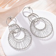 Alloy & Iron Dangle Stud Earrings, Hollow Flat Round, Platinum, 75x45mm(EJEW-M075-06P)