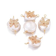 Natural Pearl Links connectors, with Brass Micro Pave Cubic Zirconia Findings, Flat Round with Constellation, Golden, Clear, Pisces, 20~26x9~17x5~11mm, Hole: 1.6mm(PEAR-F012-10G-E)