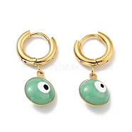 Enamel Evil Eye Dangle Hoop Earrings, Gold Plated 304 Stainless Steel Jewelry for Women, Medium Sea Green, 28mm, Pin: 1mm(STAS-E162-04G)
