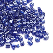 6/0 Glass Seed Beads, Transparent Colours Luster, Square Hole, Cube, Blue, 3~5x3~4x3~4mm, Hole: 1.2~1.4mm, about 1000pcs/100g(SEED-YW0001-25E)