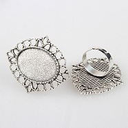 Vintage Adjustable Iron Flower Finger Ring Components Alloy Cabochon Bezel Settings, Cadmium Free & Lead Free, Antique Silver, Oval Tray: 18x25mm, 17mm(PALLOY-O036-03AS)