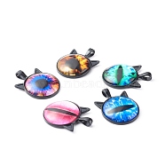 Handmade Glass Pendants, with Alloy Kitten Cabochons Settings & Printed Glass Caboshons, Cat Head with Dragon Eye, Mixed Color, 37x27x7mm, Hole: 6x4mm(PALLOY-JF00798)