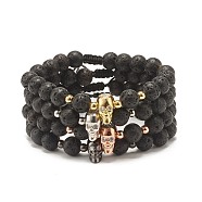 Braided Nylon Thread Lava Rock Beaded Bracelet, with Brass Micro Pave Cubic Zirconia Beads and Natural Lava Rock Round Beads, for Men Women, Black, 3/8 inch(0.85cm), Inner Diameter: 2 inch(5cm)~3-1/8 inch(8cm), 4pcs/set(BJEW-JB07497)