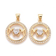 Brass Micro Pave Clear Cubic Zirconia Pendants, Long-Lasting Plated, Flat Round, 21x18x4mm, Hole: 4.5~3.5mm(ZIRC-Z005-03)