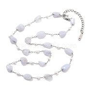 Natural White Jade Nuggets Link Chain Necklaces, 316 Surgical Stainless Steel Jewelry for Women, Platinum, 18.66~20.94 inch(47.4~53.2cm)(NJEW-H041-06P-01)