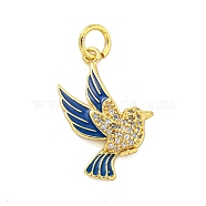 Brass Micro Pave Clear Cubic Zirconia Pendants, with Enamel, Real 18K Gold Plated, Bird, Royal Blue, 23x16.5x3mm, Hole: 3.5mm(KK-R159-14B-G)