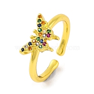 Butterfly Brass Micro Pave Cubic Zirconia Open Cuff Ring for Women, Real 18K Gold Plated, Colorful, 8mm, Adjustable(RJEW-U003-28A-G)