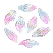 Two Tone Frosted Transparent Spray Painted Glass Pendants, with Glitter Powder, Leaf, Pearl Pink, 30x14x3.5mm, Hole: 1mm(GGLA-S054-016H-04)