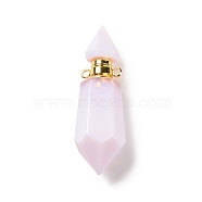 Faceted Glass Perfume Bottle Pendants, with Golden Tone Brass Findings, Cadmium Free & Lead Free, Bottle, Pearl Pink, 42~44x13x13mm, Hole: 1.6mm(GLAA-G080-01J-G)