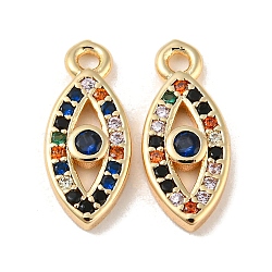 Brass Micro Pave Colorful Cubic Zirconia Pendants, Evil Eye, Real 18K Gold Plated, 13.5x6x2mm, Hole: 1.2mm(KK-R152-21G)