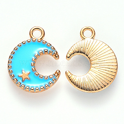 Alloy Enamel Pendants, Moon & Star, Light Gold, Sky Blue, 16x13x2mm, Hole: 1.8mm(ENAM-S121-063C)