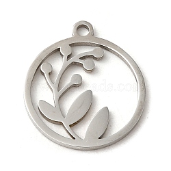 201 Stainless Steel Pendants, Laser Cut, Flat Round with Leaf Charm, Stainless Steel Color, 17x15x1mm, Hole: 1.5mm(STAS-E211-03P)