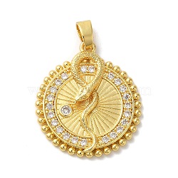 Rack Plating Brass Micro Pave Cubic Zirconia Pendants, Long-Lasting Plated, Lead Free & Cadmium Free, Flat Round with Snake, Golden, Clear, 25x22x3.5mm, Hole: 4.5x3mm(KK-U022-12A-G)