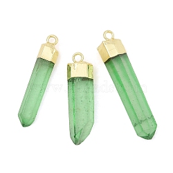 Natural Quartz Crystal Pointed Pendants, Bullet Shape, Dyed, with Golden Brass Finding, Light Green, 35~53x7~13x5.5~10mm, Hole: 2.5mm(G-P253-03G-12)