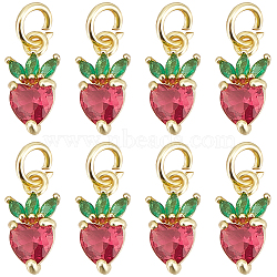 10Pcs Brass Micro Pave Cubic Zirconia Charms, with Jump Rings, Long-Lasting Plated, Strawberry, Real 18K Gold Plated, 12x6x3.5mm, Hole: 3mm(KK-BBC0010-31)