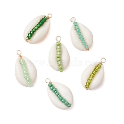 6Pcs 6 Styles Natural Cowrie Shell & Glass Seed Beads Pendants, Shell Shaped Charms, Green, 29x16x10mm, Hole: 2mm, 1pc/style(PALLOY-JF02759-04)