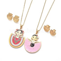 304 Stainless Steel Pendant Necklaces and Stud Earring Jewelry Sets, with Enamel, Girl, Golden, Mixed Color, Necklace: 17.5 inch~20 inch(44.5~51cm), Earrings: 17.5~18x14.5~15mm, Pin: 0.7mm(SJEW-L139-01G)